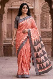 Red Printed Semi Linen Saree with 10077981