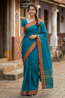 Blue Handloom Chettinad Cotton Saree 10077290