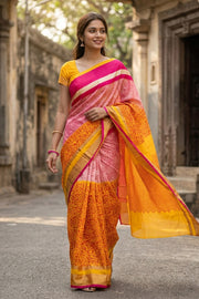 Yellow Printed Silk Cotton Saree 10077561