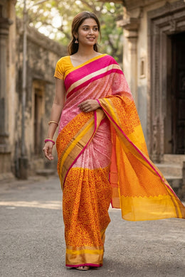 Yellow Printed Silk Cotton Saree 10077561