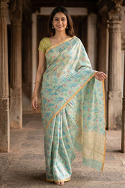 Blue Chanderi Printed Silk Cotton Saree 10077371