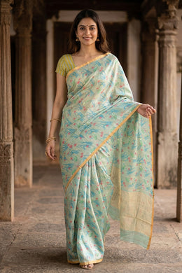 Blue Chanderi Printed Silk Cotton Saree 10077371