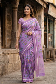 Purple Floral Motifs Chanderi Printed Silk Cotton Saree 10077362