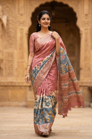 Pink Printed Semi Tussar Silk Saree 10077984