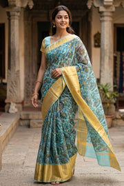Blue Printed Maheshwari Silk Cotton Saree 10077563