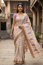 Cream Chanderi Printed Silk Cotton Saree 10077364