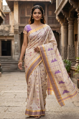Cream Chanderi Printed Silk Cotton Saree 10077364