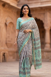 Green Printed Semi Linen Saree 10077980