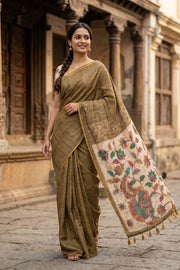 Green Kalamkari Printed Semi linen Saree 10077246