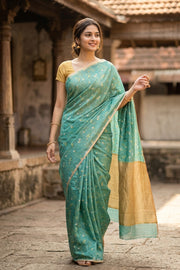 Blue Floral Motifs Chanderi Printed Silk Cotton Saree 10077377
