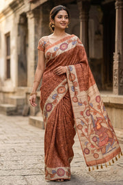 Copper Brown Kalamkari Print Semi Tussar Silk Saree 10077260