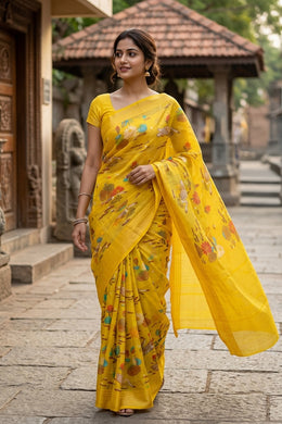 Yellow Chanderi Printed Silk Cotton Saree 10077359