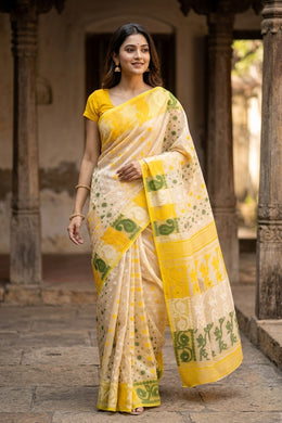 Yellow Handloom Jamdani Cotton Saree 10077529