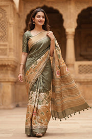 Olive Green Printed Semi Tussar Silk Saree 10077985