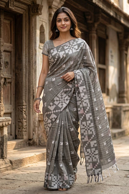 Grey Bengal Handwoven Cotton Saree 10077689