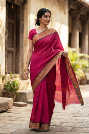 Magenta Pink Handloom Chettinad Cotton Saree Without Blouse 10077308