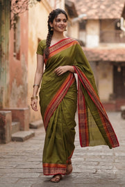 Olive Green Handloom Chettinad Cotton Saree 10077292
