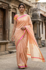 Pink Chanderi Printed Silk Cotton Saree With Floral Motifs 10077363