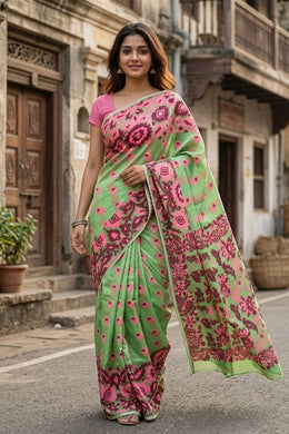 Pista Green Handloom Jamdani Cotton Saree with Floral Motifs 10077536