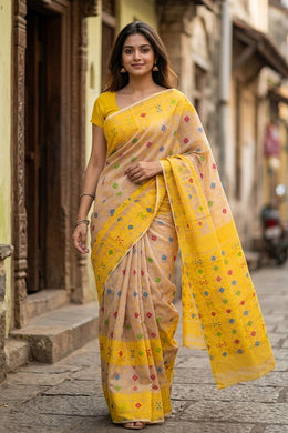 Yellow Handloom Jamdani Cotton Saree 10077527