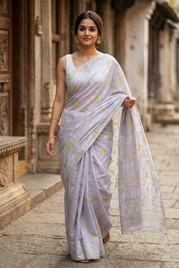 White Handloom Jamdani Style Cotton Saree with Blouse 10074225
