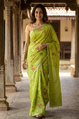 Green Chanderi Printed Silk Cotton Saree 10077368