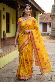Yellow Floral Motifs Chanderi Printed Silk Cotton Saree 10077374
