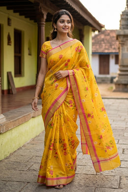 Yellow Floral Motifs Chanderi Printed Silk Cotton Saree 10077374