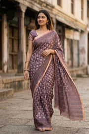 Brown Printed Semi Tussar Silk Saree 10077251
