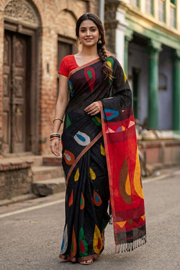 Black Bengal Handwoven Silk Cotton Saree 10077698