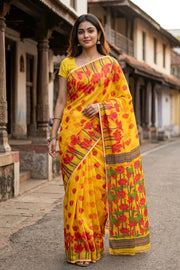 Yellow Handloom Jamdani Cotton Saree with Floral Motifs 10077532