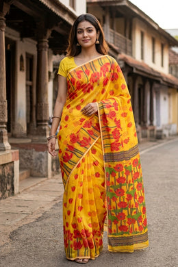 Yellow Handloom Jamdani Cotton Saree with Floral Motifs 10077532