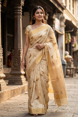 Beige Bird Motifs Chanderi Printed Silk Cotton Saree 10077378