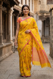 Yellow Floral Motifs Chanderi Printed Silk Cotton Saree 10077380