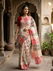 Cream Handloom Jamdani Cotton Saree With Floral Motifs 10077543