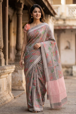 Grey Parrot Motifs Chanderi Printed Silk Cotton Saree 10077357