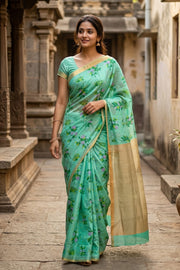Light Teal Blue Chanderi Printed Silk Cotton Saree 10077383