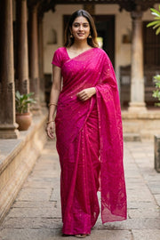 Pink Handloom Jamdani Style Cotton Saree with Blouse 10074212