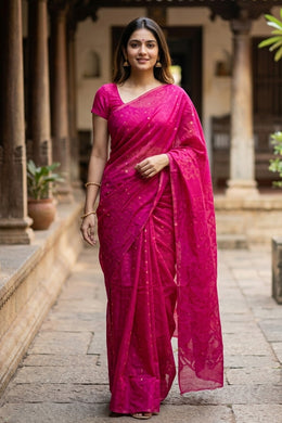 Pink Handloom Jamdani Style Cotton Saree with Blouse 10074212