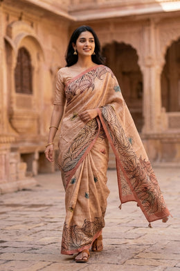 Beige Printed Semi Tussar Silk Saree with Leafy Borders 10077979