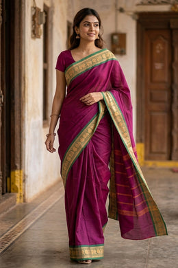 Dark Magenta Handloom Chettinad Cotton Saree 10077289