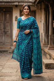 Blue Handloom Jamdani Style Cotton Saree with Blouse 10074211