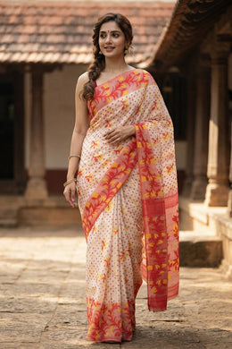 White Handloom Jamdani Cotton Saree With Floral Motifs 10077544