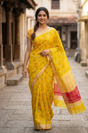 Yellow Chanderi Printed Silk Cotton Saree 10077360