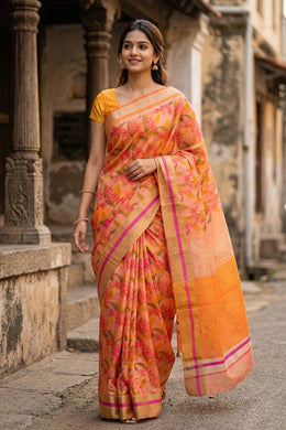 Orange Floral Motifs Chanderi Printed Silk Cotton Saree 10077366