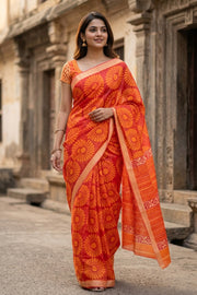 Red Printed Silk Cotton Saree 10077562
