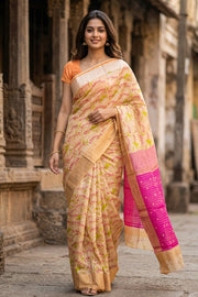 Beige Chanderi Printed Silk Cotton Saree 10077372