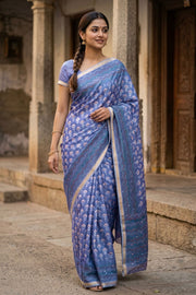 Blue Printed Semi Tussar Silk Saree 10077247