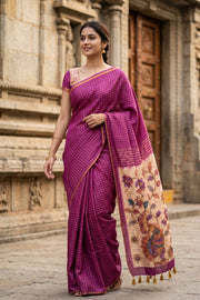 Purple Kalamkari Print Semi Linen Saree 10077244