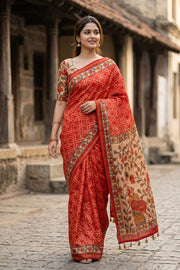 Red Bandhani Print Semi Linen Saree 10077257